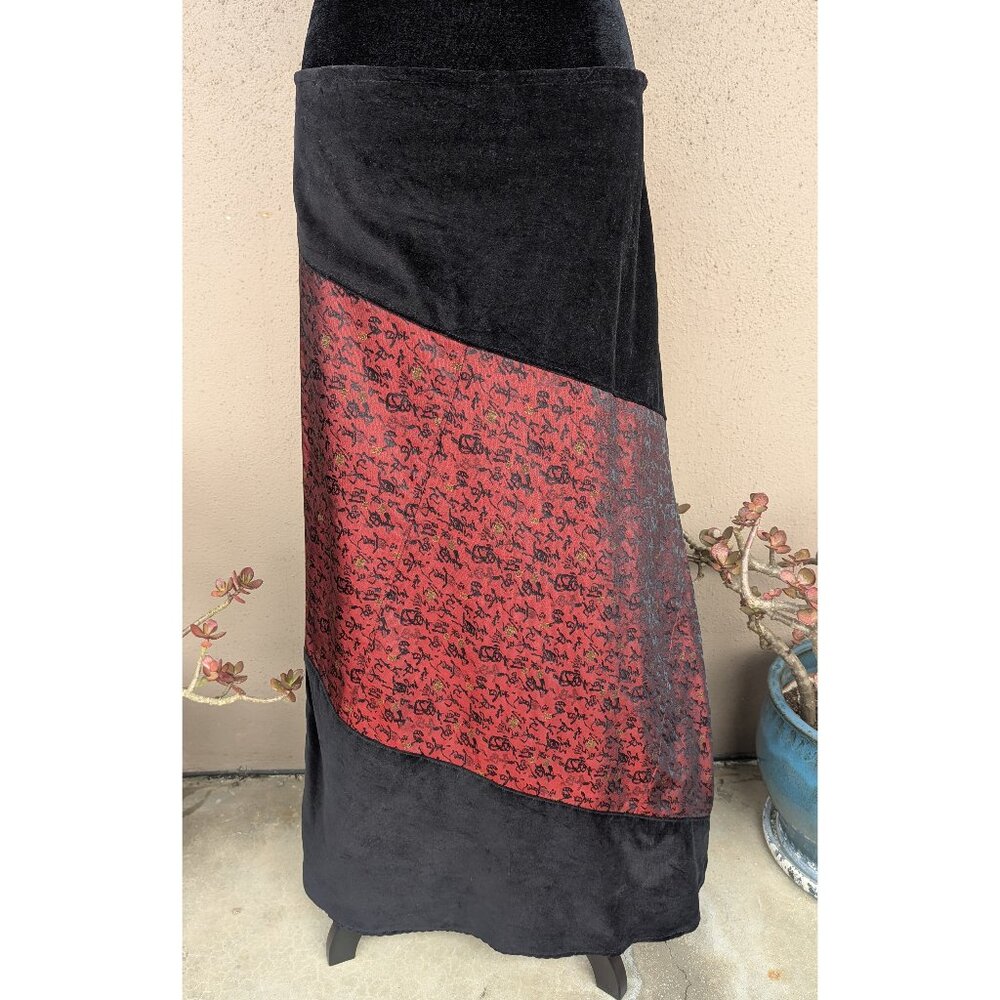 💜Handmade Black & Red Velvet & Chinese Silk Brocade Skirt